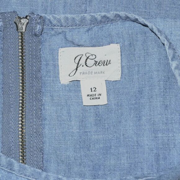 J. Crew Sz 12 Chambray Short Sleeve Dress Shoulder Ruffle Preppy Knee Length EUC - Picture 8 of 13